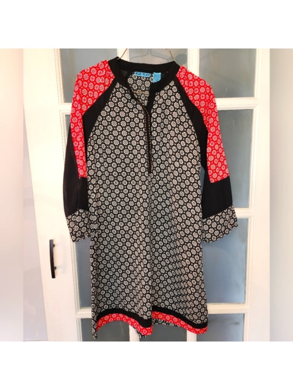 Blue Plate Black-and-White Printed Midi Dress with Red Panels Size Small